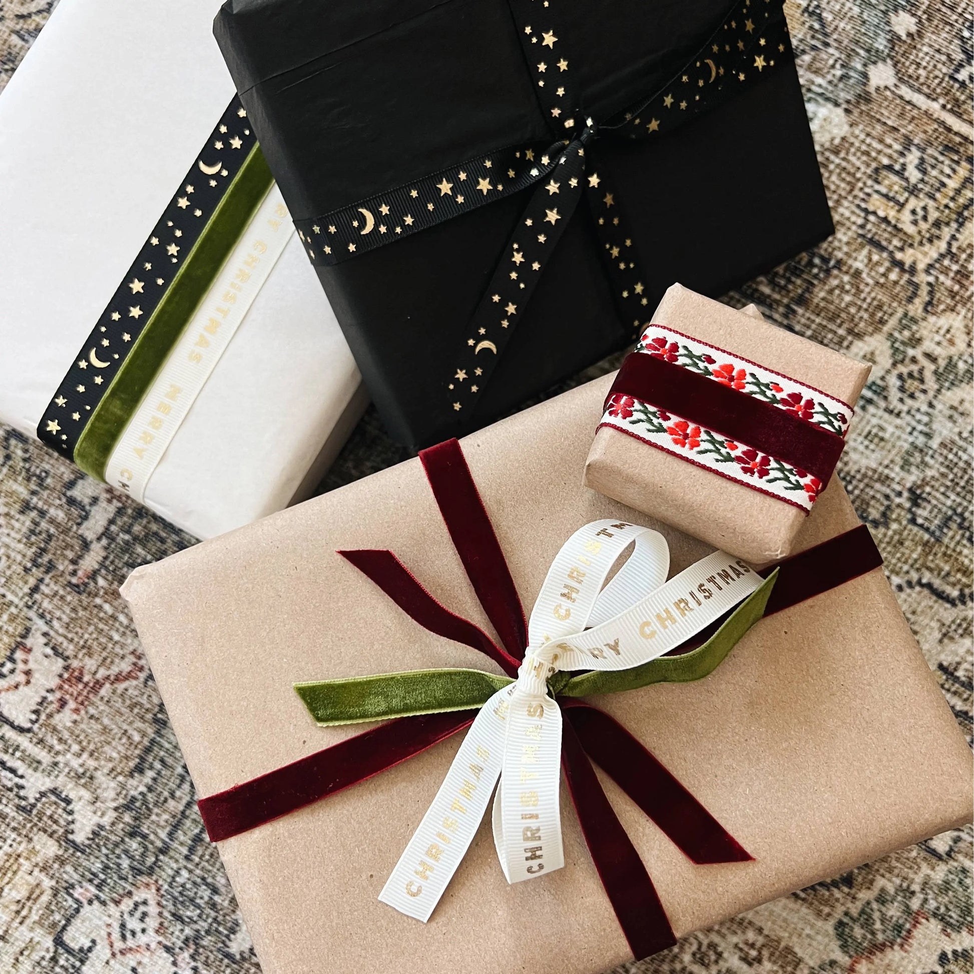 Merry Christmas Cream Grosgrain Ribbon with Gold Foil Abigail Jayne Design