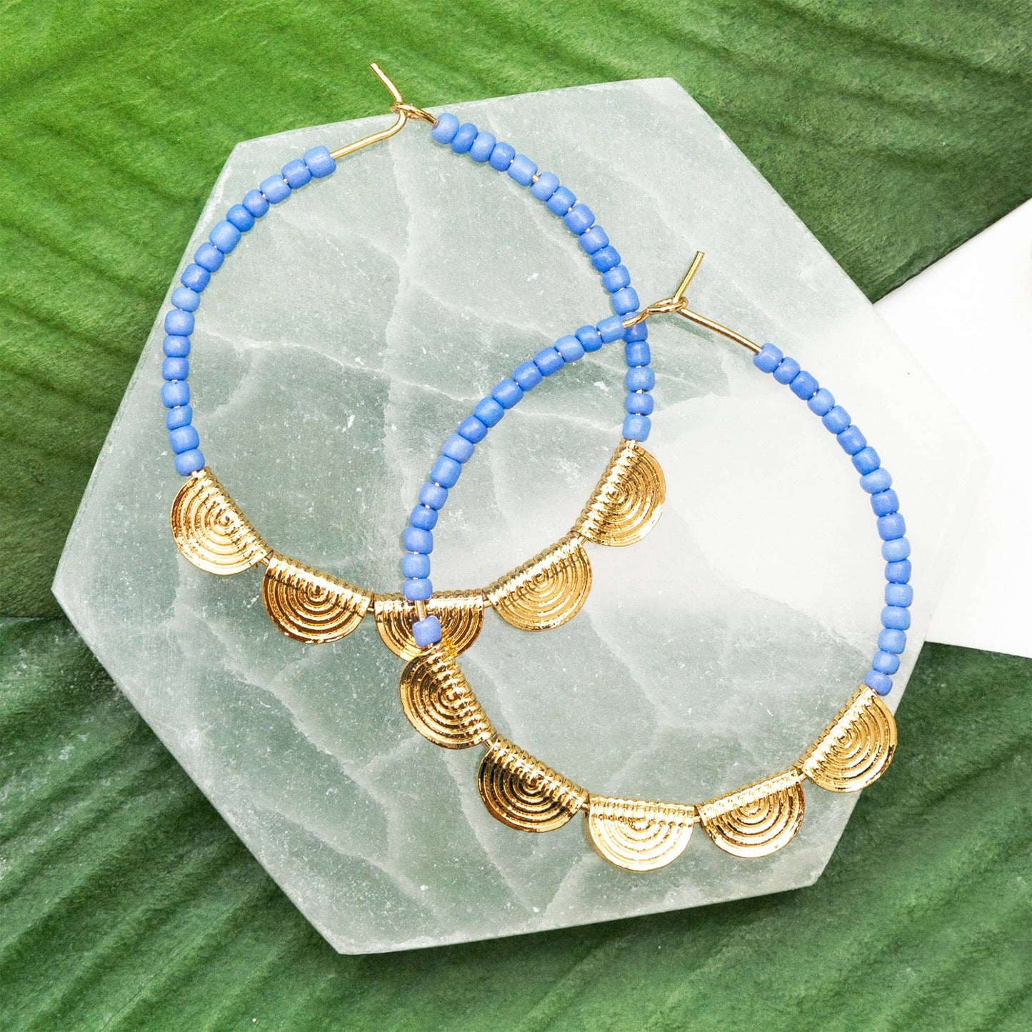 Earrings Hoop Blue & Gold Bead Filigree Hoop Earrings