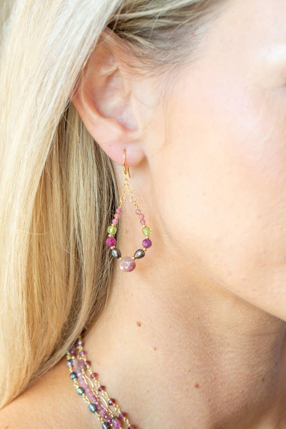 Persephone Freshwater Pearl, Ruby, Peridot Statement Earrings
