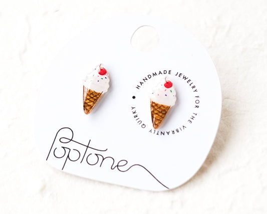 Ice Cream Cone Stud Earrings with Sprinkles and Cherries