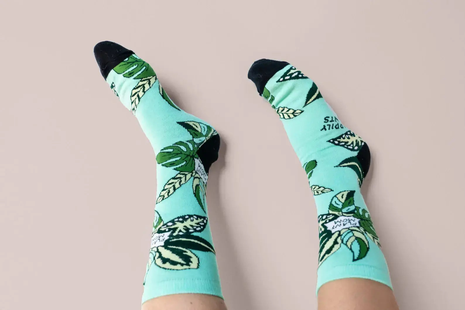 Teal Plant Mom Cotton Crew Socks, Plant Lover Happily Plants