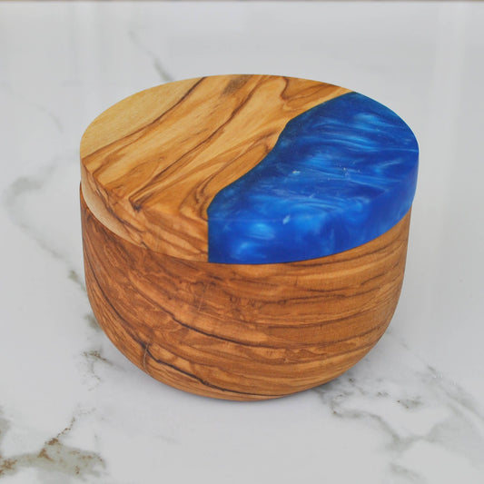 Olive Wood Salt Cellar With Blue Swirl Resin Lid Naturally Med Inc.