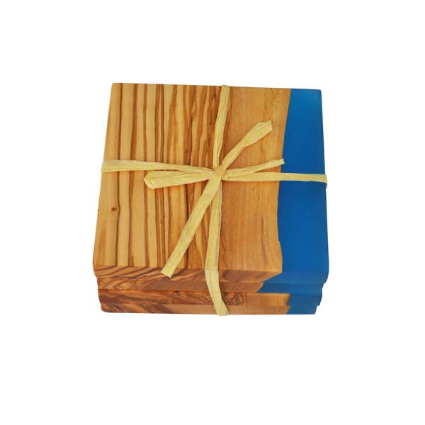Olive Wood Coasters with Blue Resin Edge - Set of 4 Naturally Med Inc.