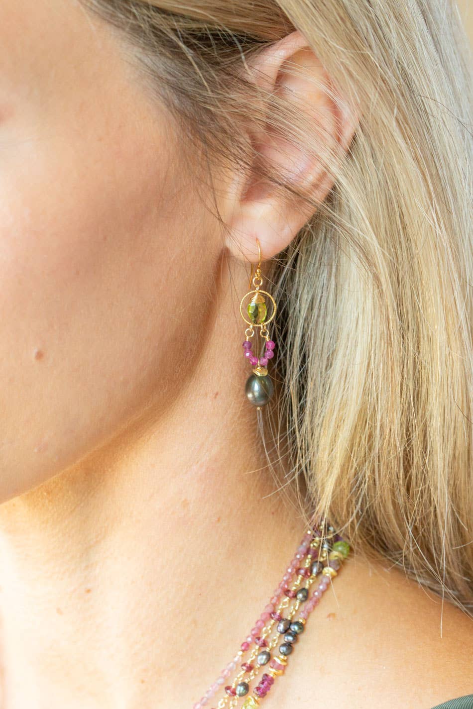 Persephone Ruby, Freshwater Pearl, Peridot Dangle Earrings