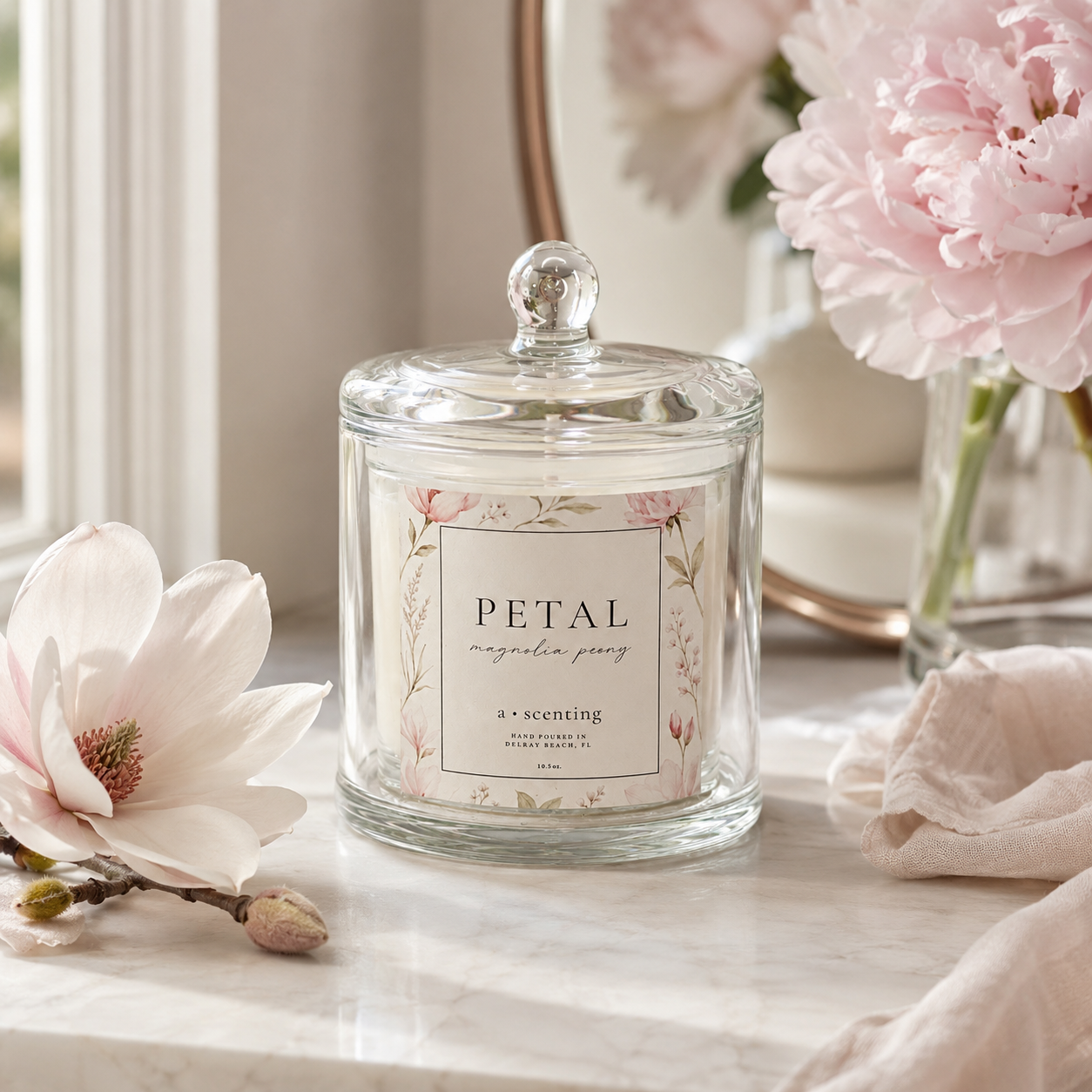Petal Soy Candle | Magnolia Peony  Glass Dome Cloche