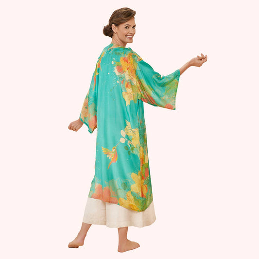 Hummingbird Kimono Gown in Aqua