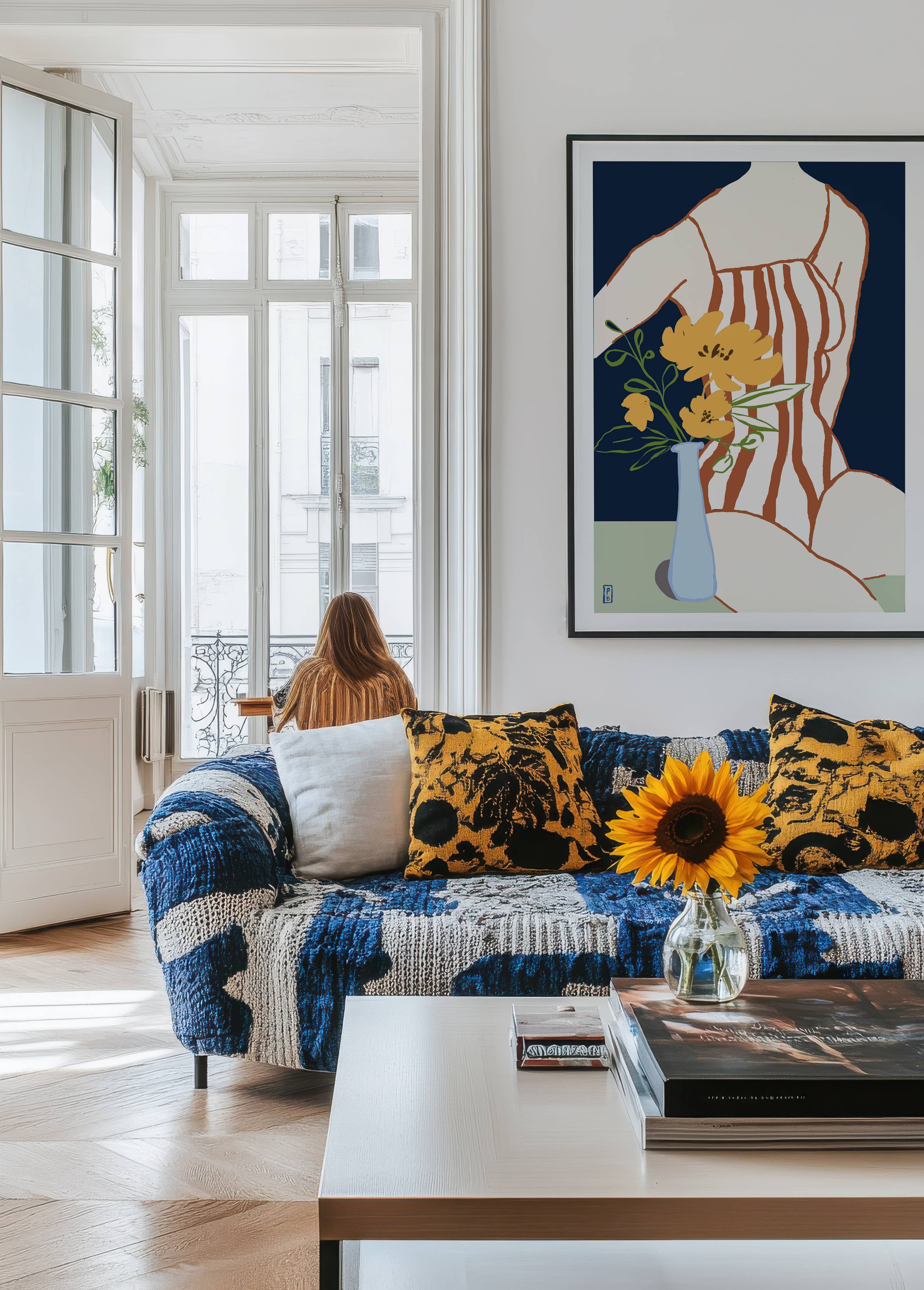 Figurative Floral Art Print – Woman with Yellow Flowers