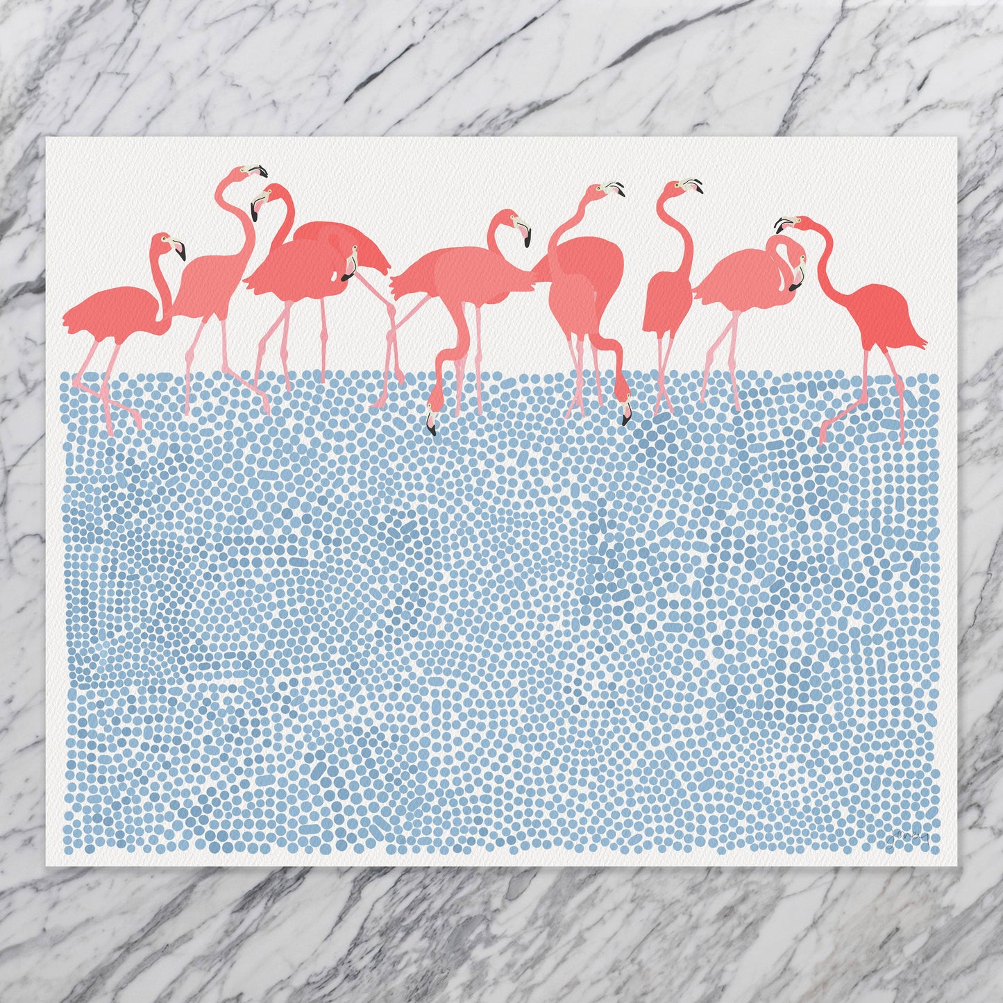 Flamingos Feeding Art Print. Signed.