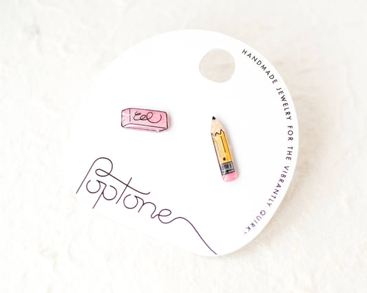 No.2 Pencil + Pink Eraser Stud Earrings