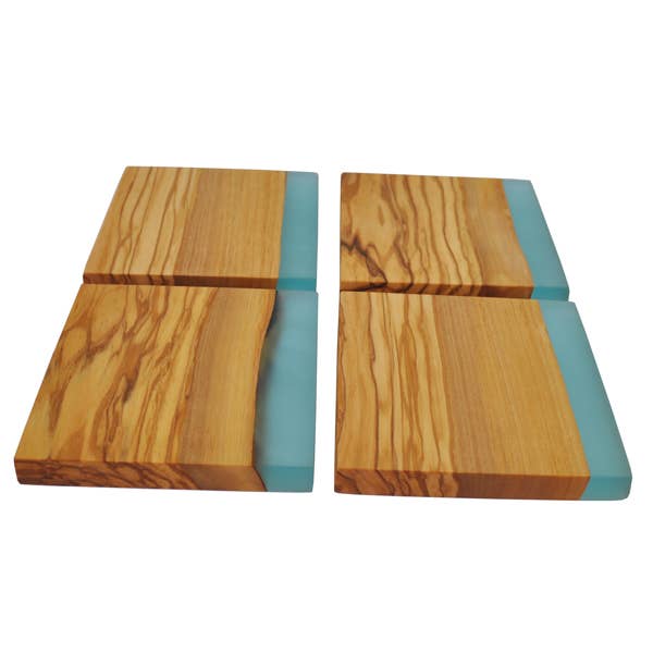 Olive Wood Coasters with Blue Resin Edge - Set of 4 Naturally Med Inc.