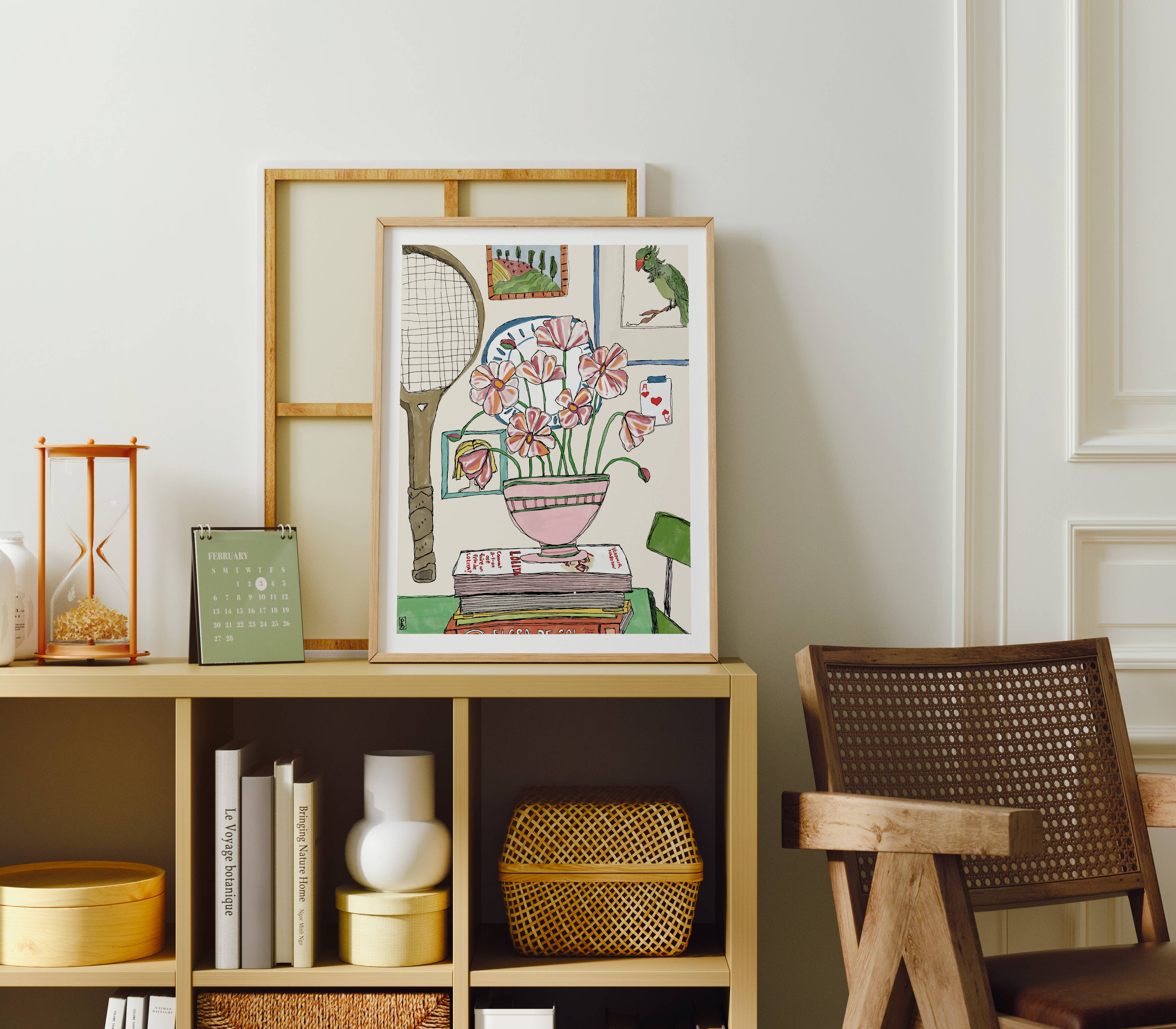 Pink Floral Still Life, Tennis Racket Botanical