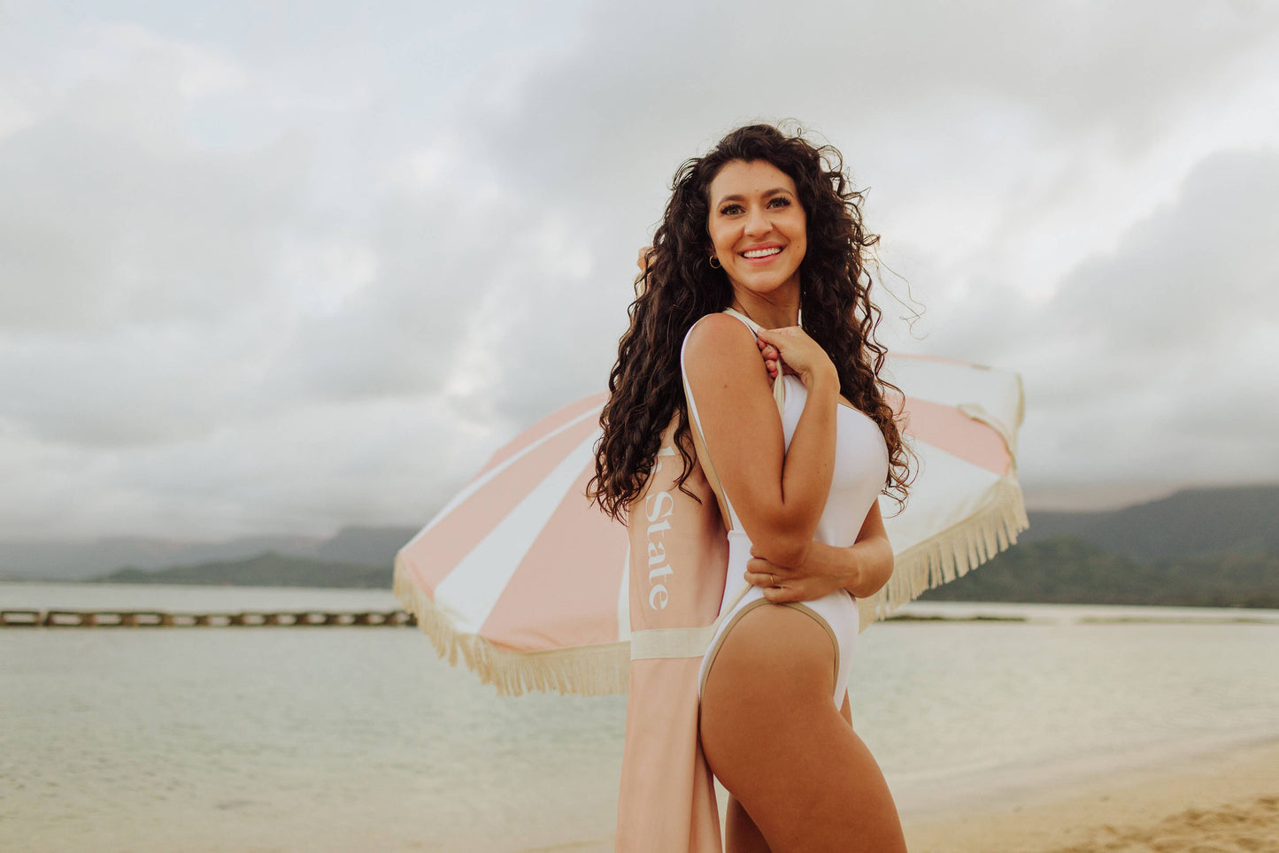 Beach State Summerland Beach Umbrella - Pink Salt Stripe