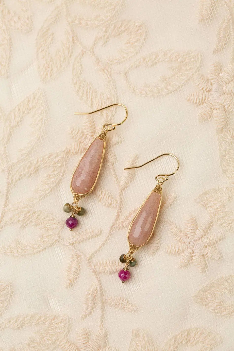 Gumdrop Moonstone, Ruby Herringbone Earrings Anne Vaughan Designs Jewelry
