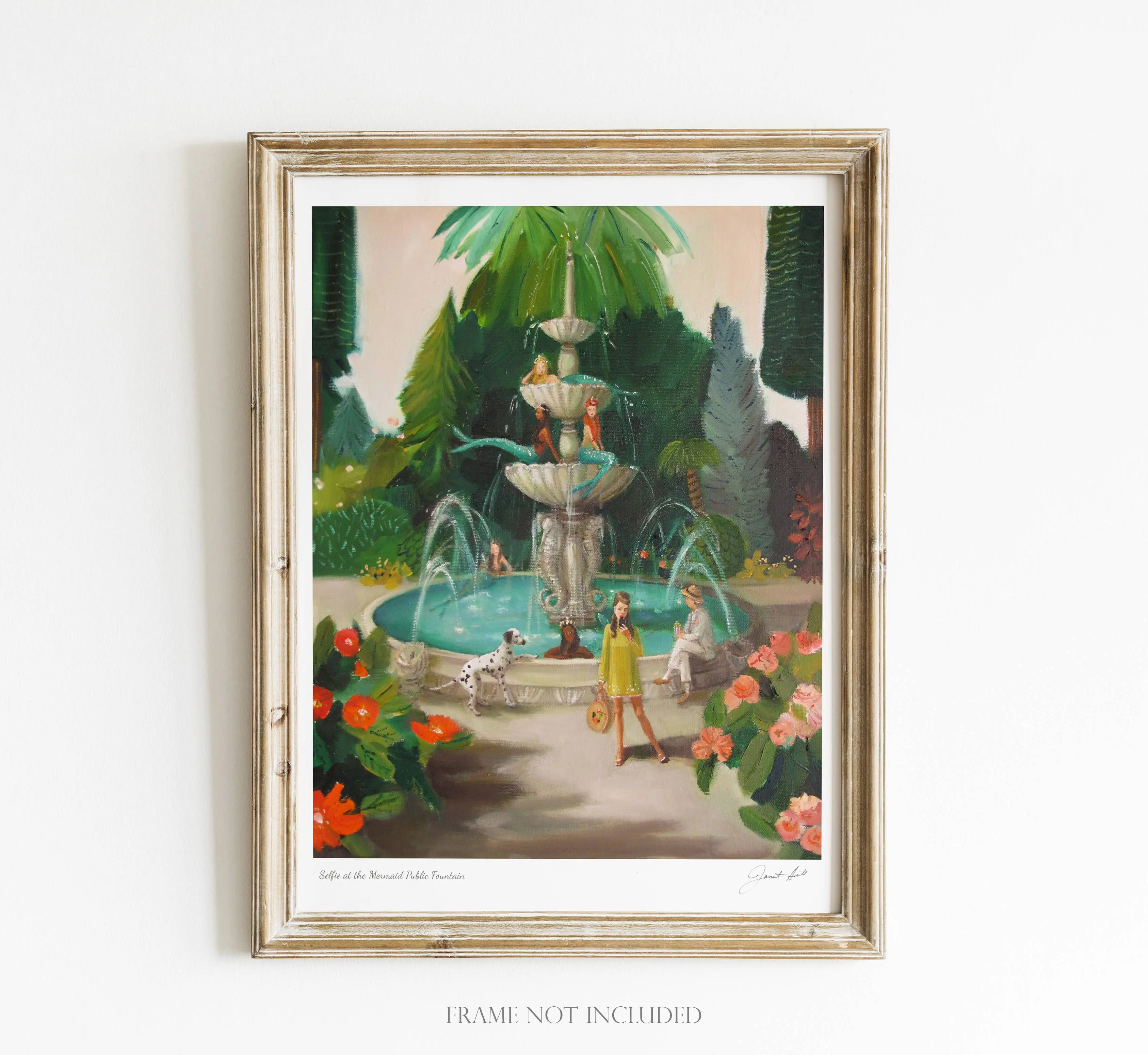 Selfie At The Mermaid Public Fountain Art Print - 8.5" X 11" JANET HILL STUDIO
