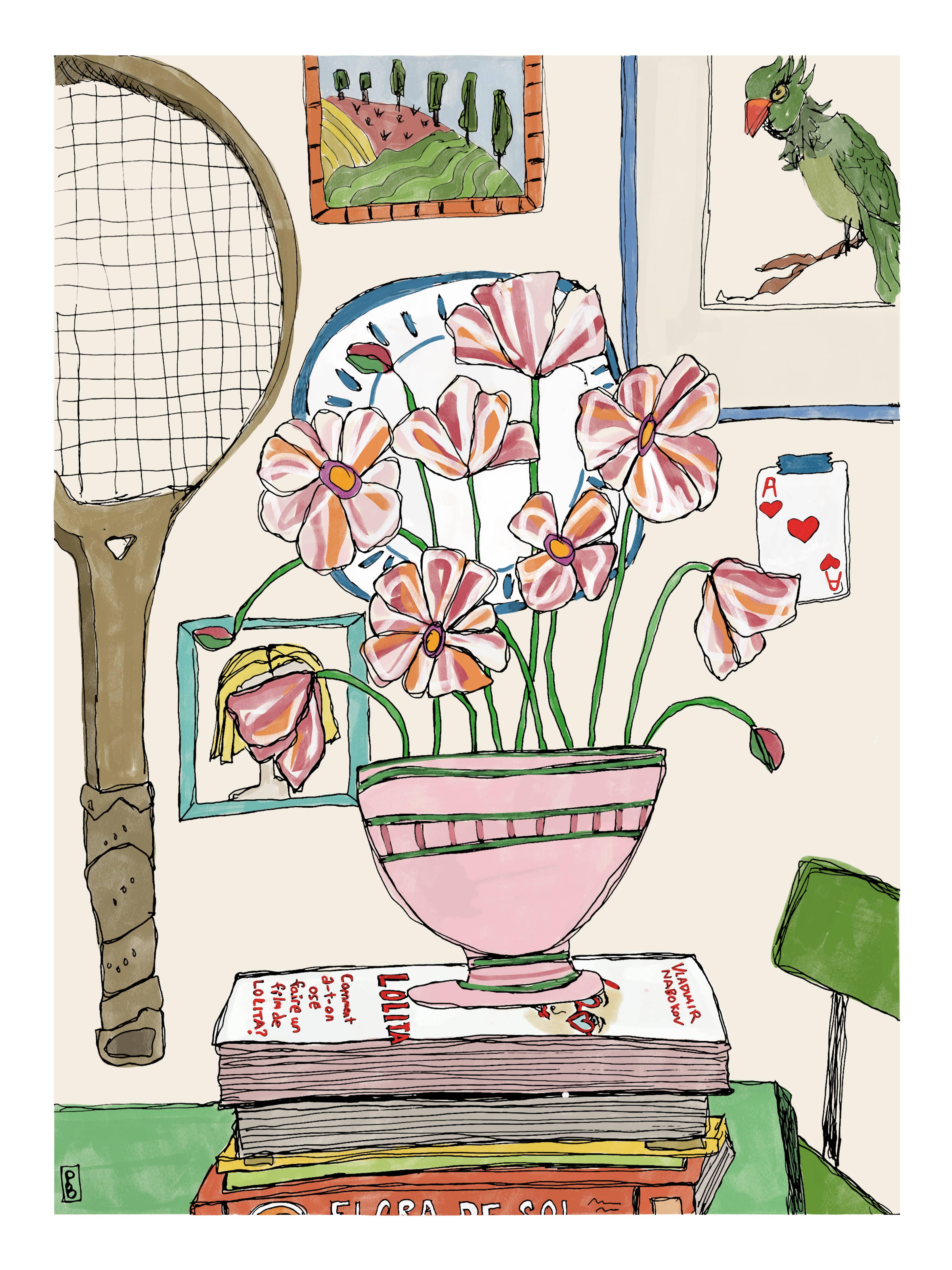 Pink Floral Still Life, Tennis Racket Botanical