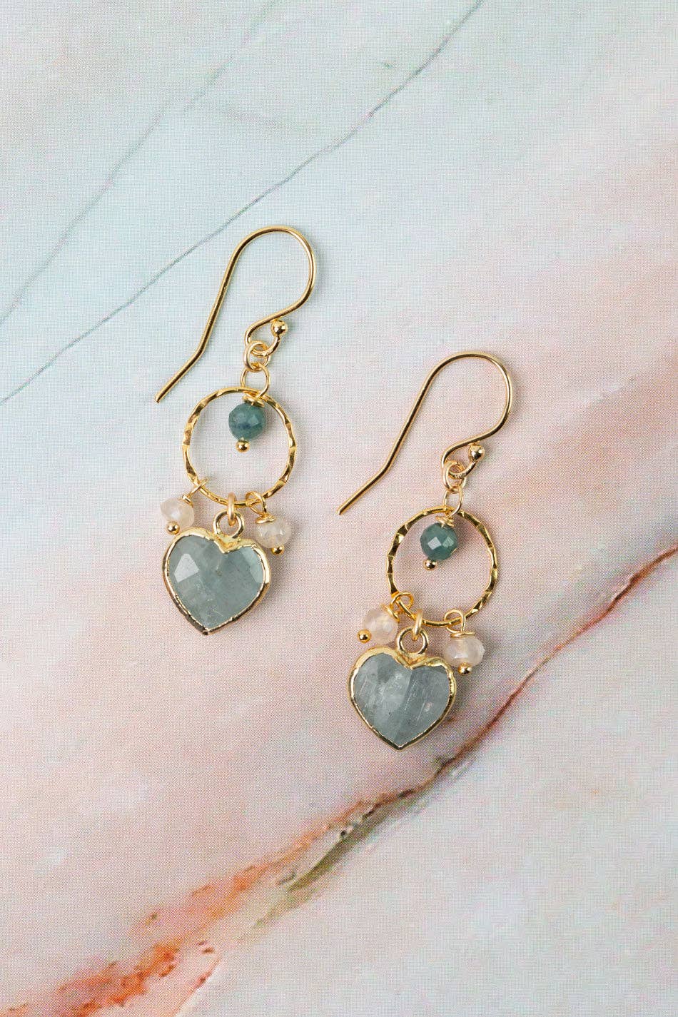 Ocean Waves Chalcedony, Blue Tourmaline, Aquamarine Heart Dangle Earrings Anne Vaughan Designs Jewelry