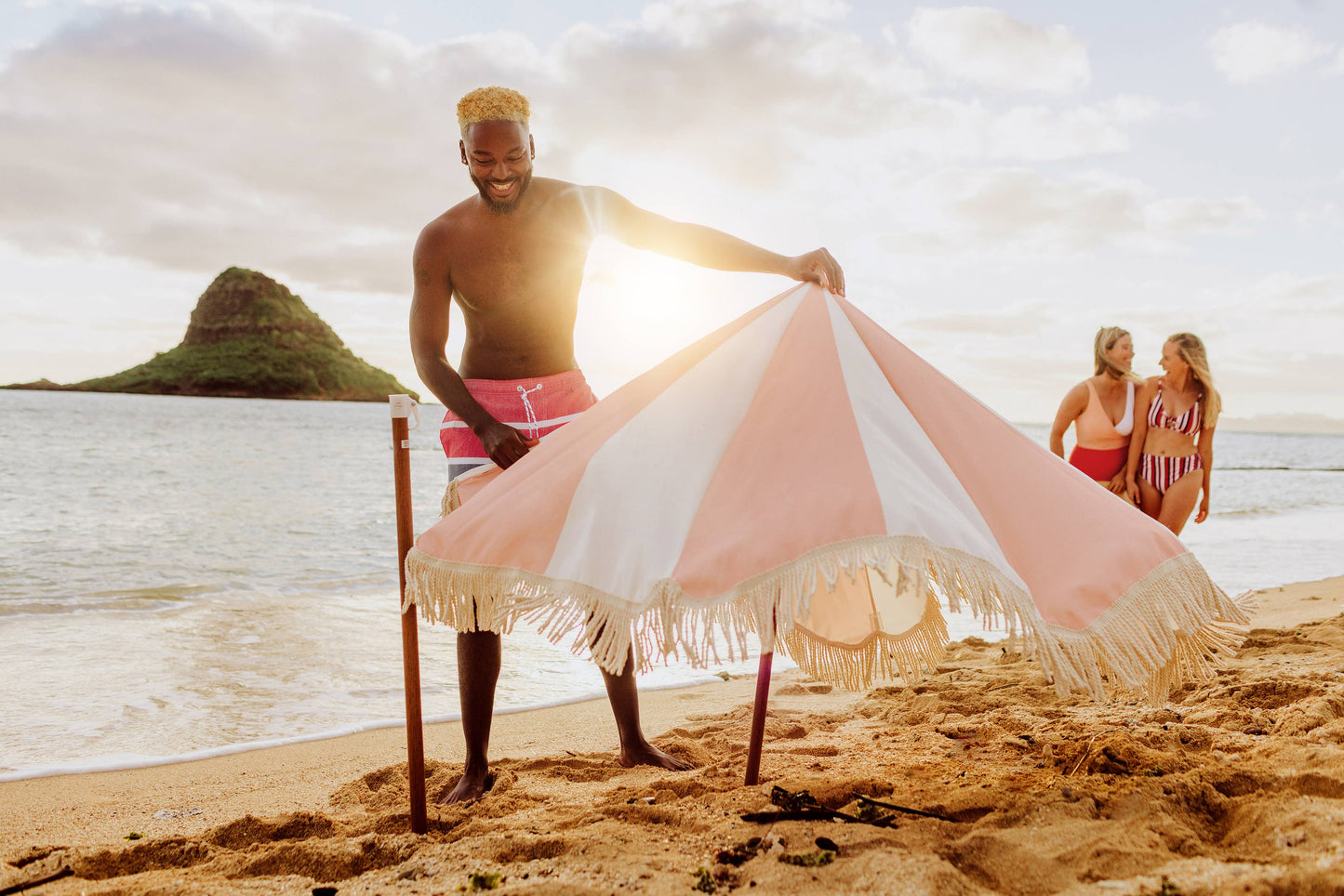 Beach State Summerland Beach Umbrella - Pink Salt Stripe