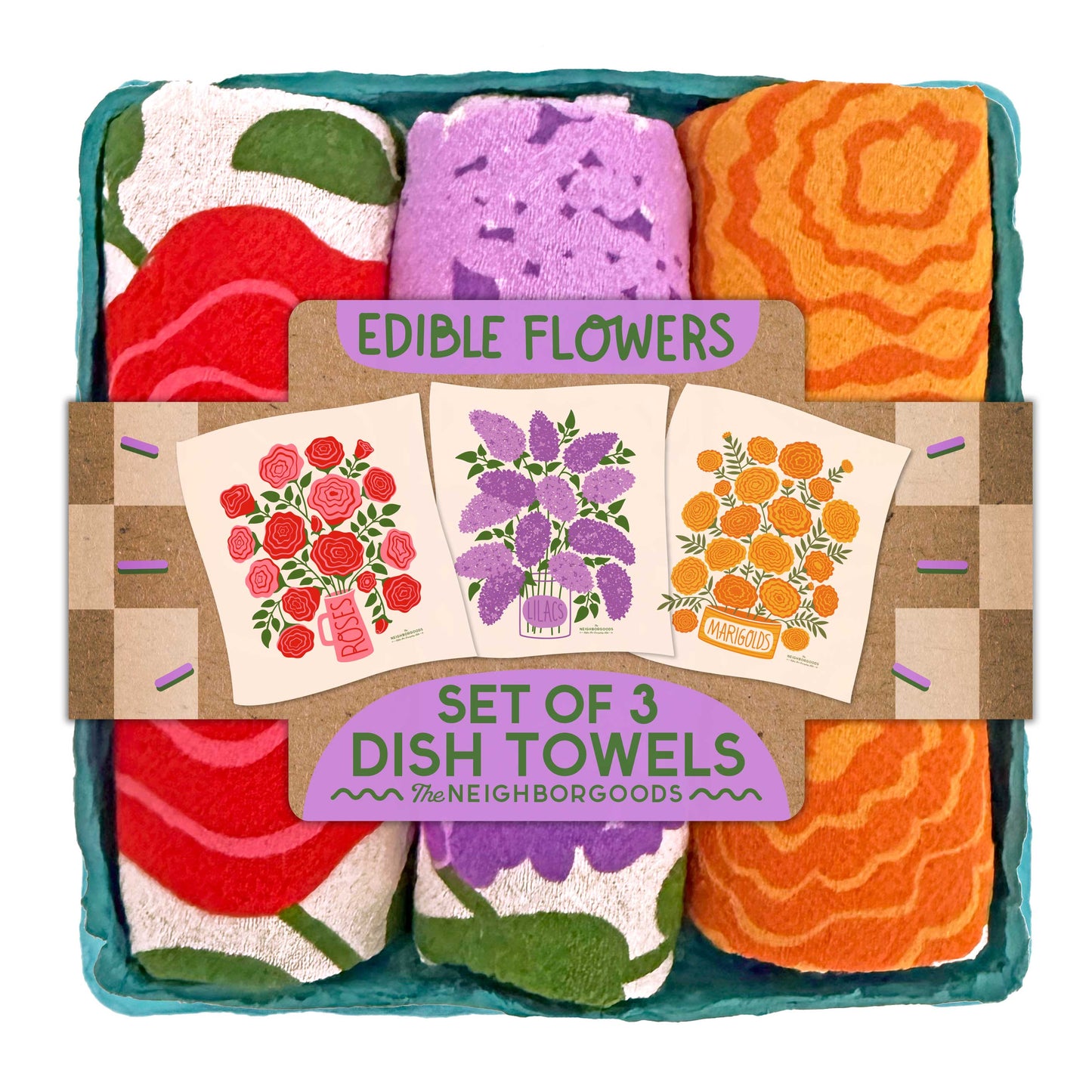 EDIBLE FLOWERS (Rose, Lilac, Marigold) - Tea Towel Set of 3