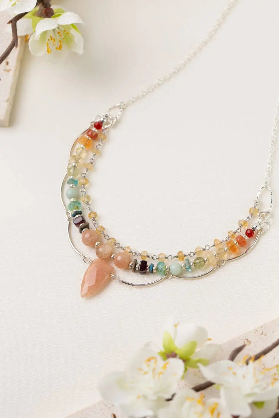 Necklace Gentle Breeze 21-23" Peach Moonstone, Carnelian, Apatite Multistrand Anne Vaughan Designs Jewelry