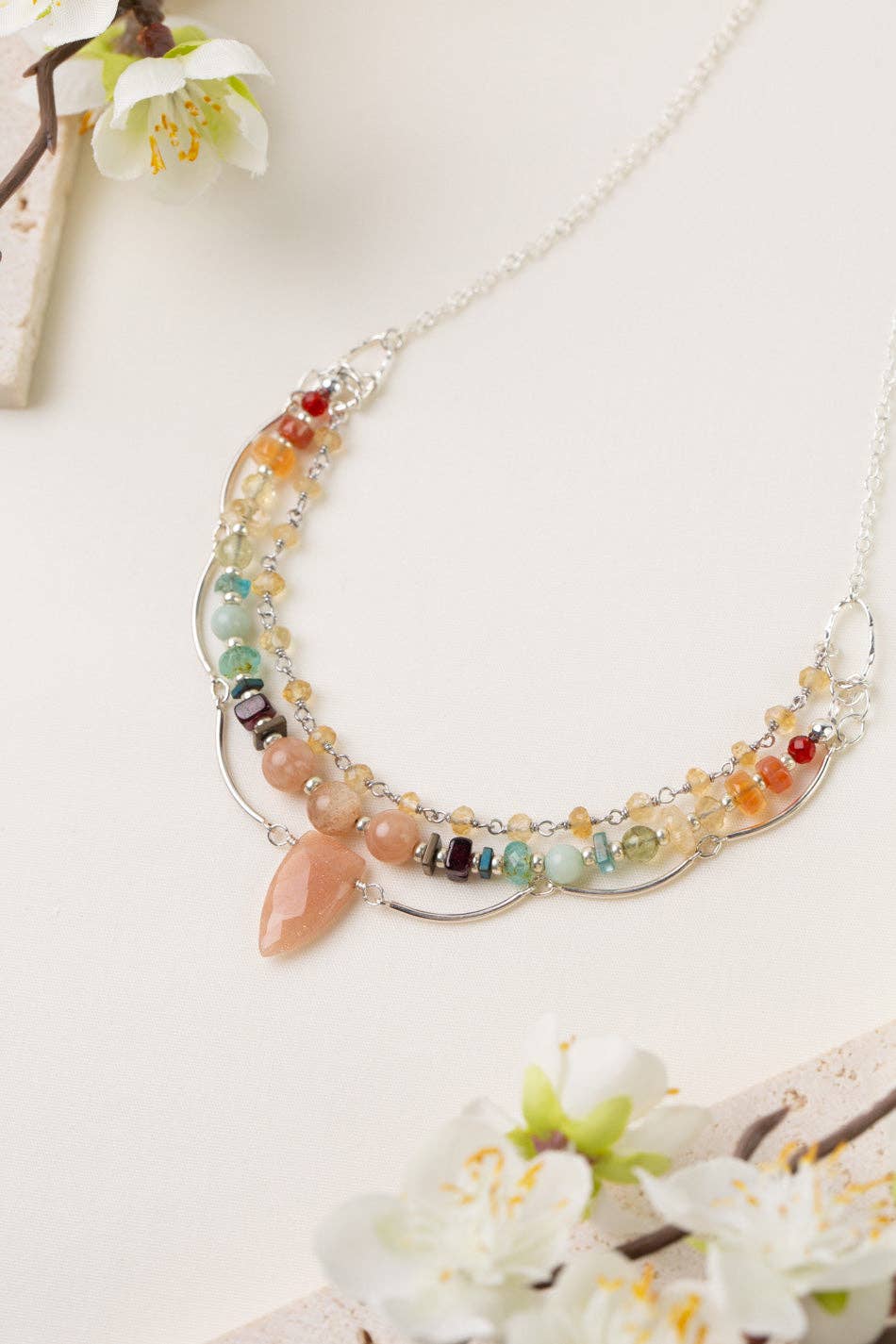 Necklace Gentle Breeze 21-23" Peach Moonstone, Carnelian, Apatite Multistrand
