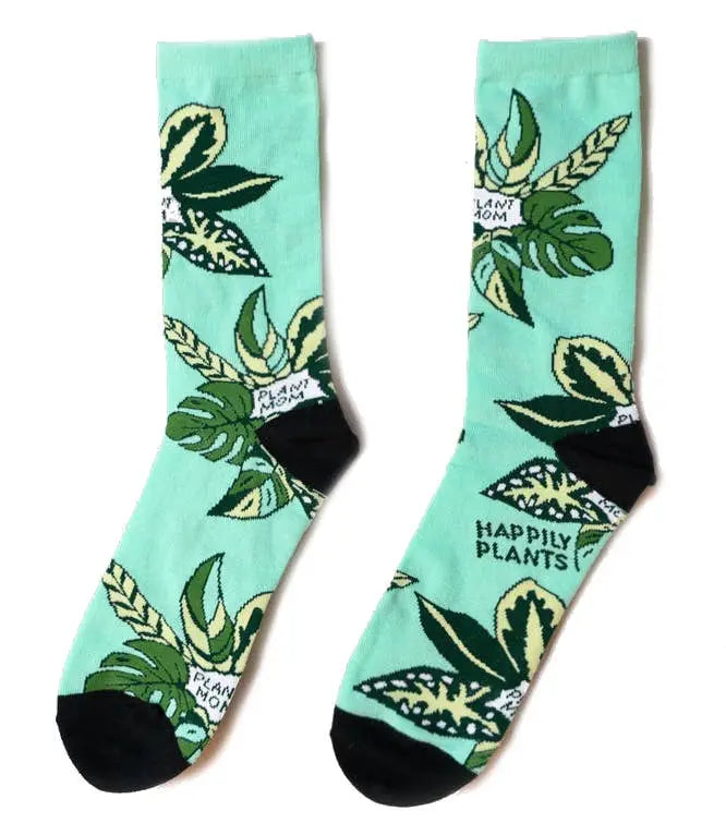Teal Plant Mom Cotton Crew Socks, Plant Lover Happily Plants