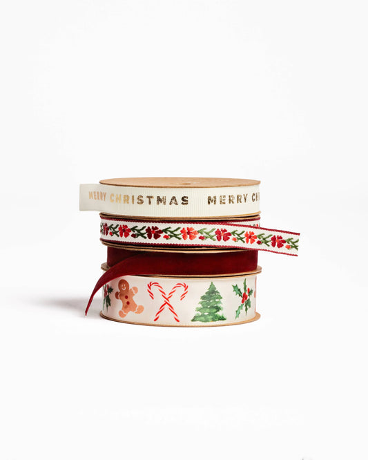 Merry Christmas Cream Grosgrain Ribbon with Gold Foil Abigail Jayne Design