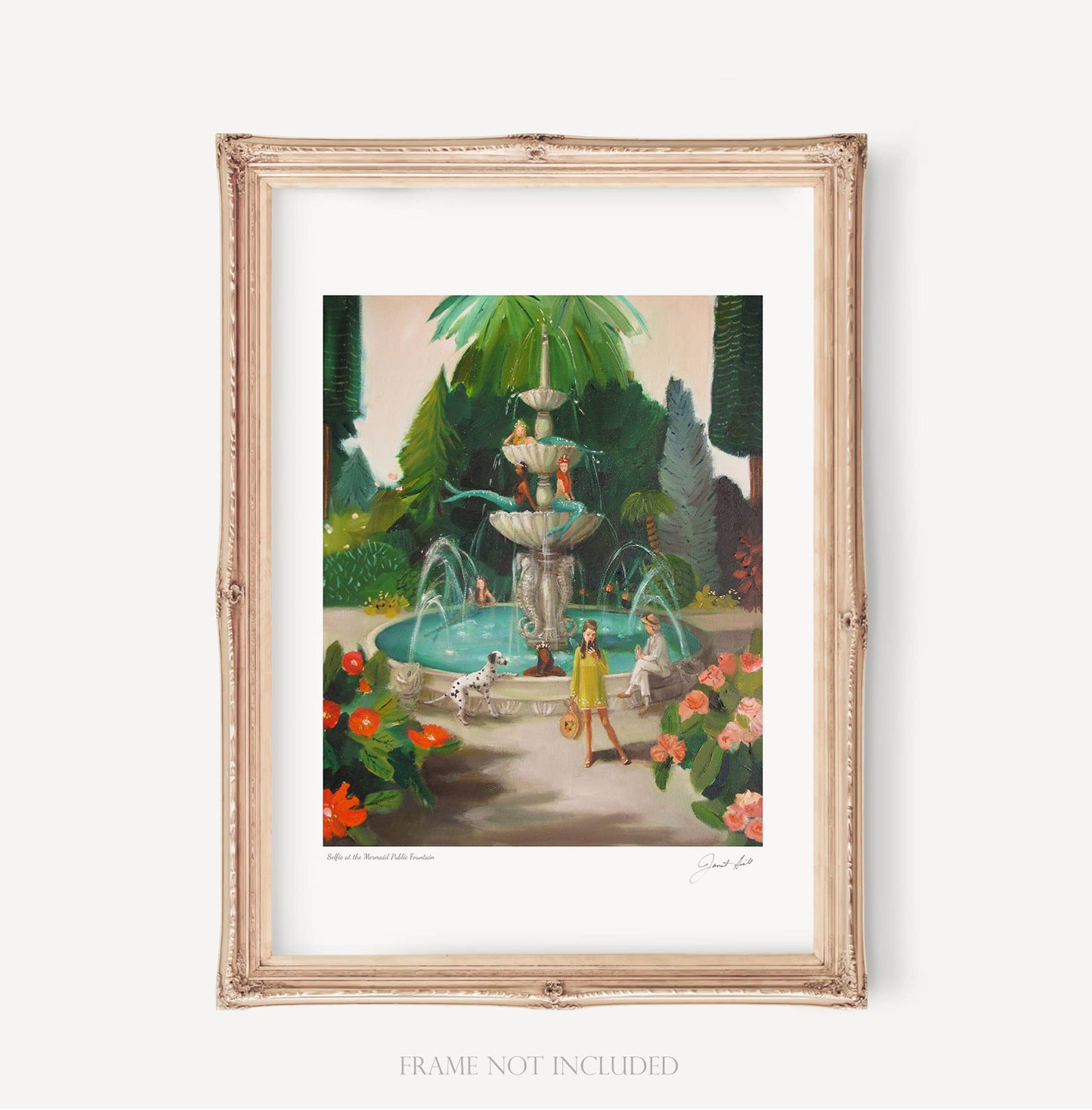 Selfie At The Mermaid Public Fountain Art Print - 11" X 14" framed