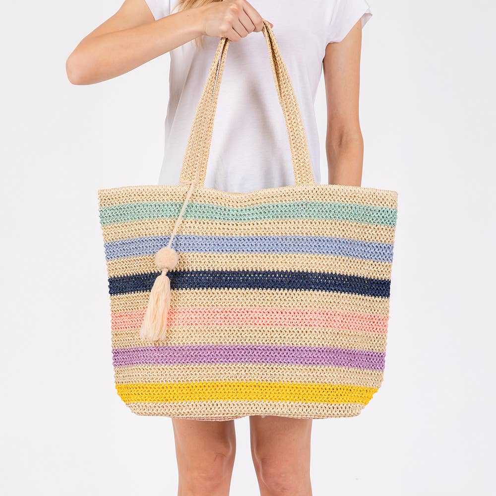 Pom Pom Tassel Multi Color Straw Crochet Tote Bag Beach Bag Sensibling Corp.