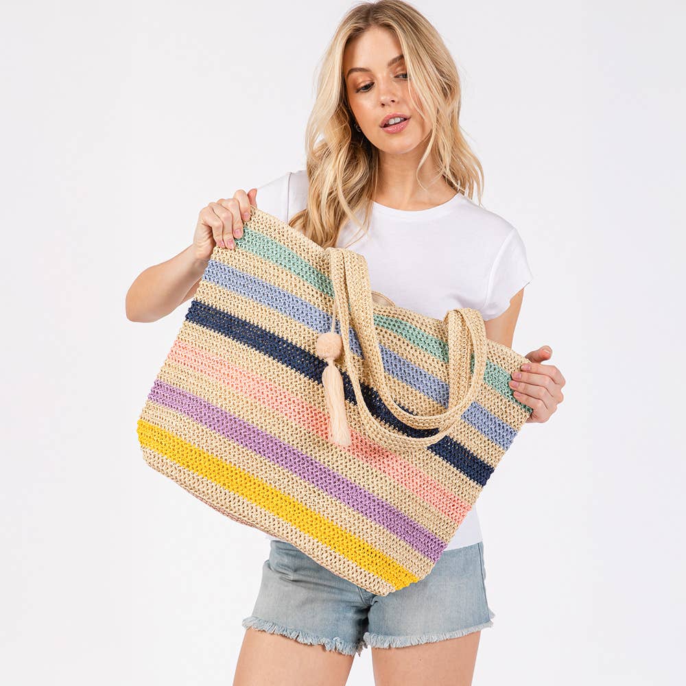 Pom Pom Tassel Multi Color Straw Crochet Tote Bag Beach Bag Sensibling Corp.