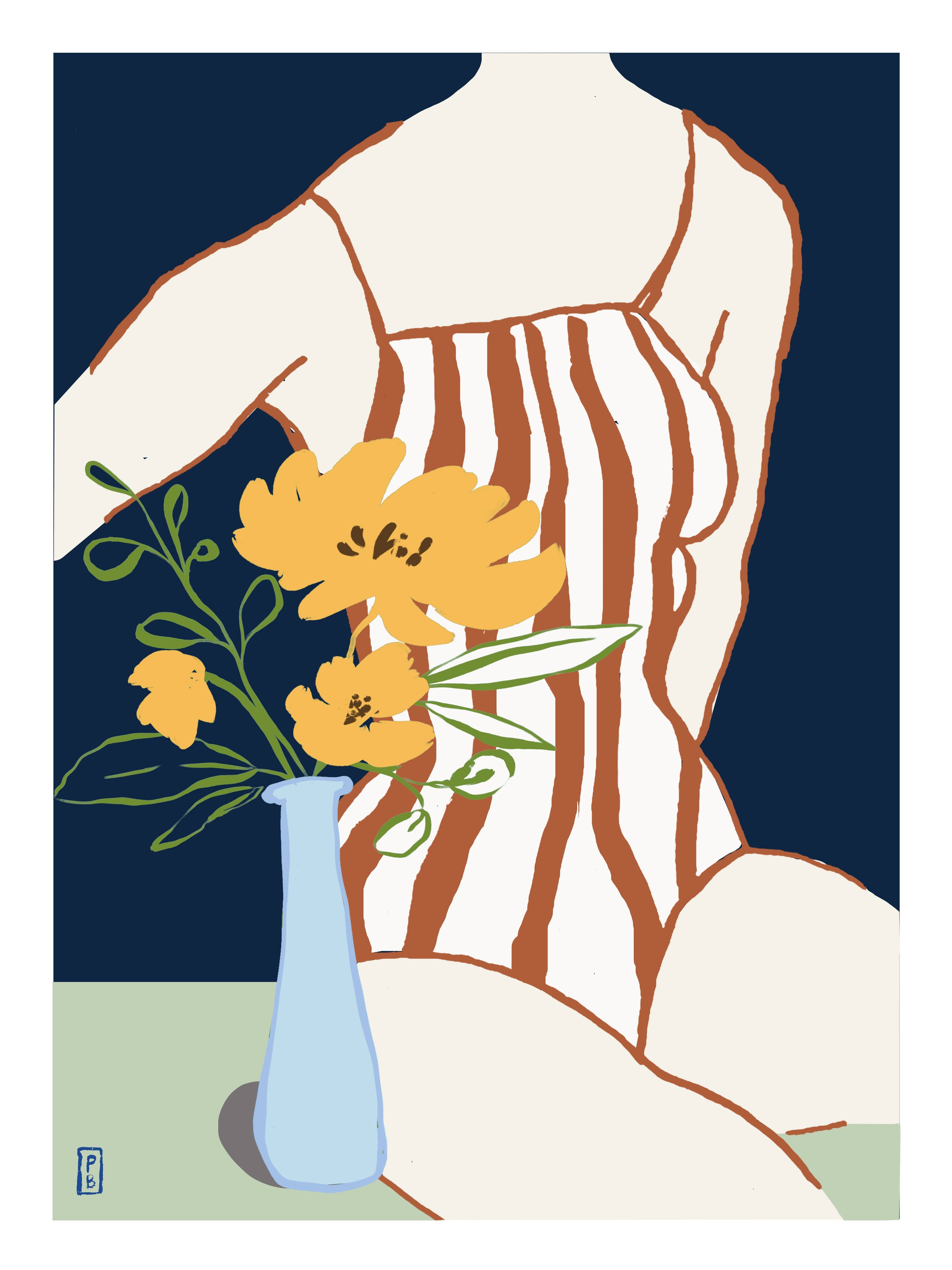 Figurative Floral Art Print – Woman with Yellow Flowers