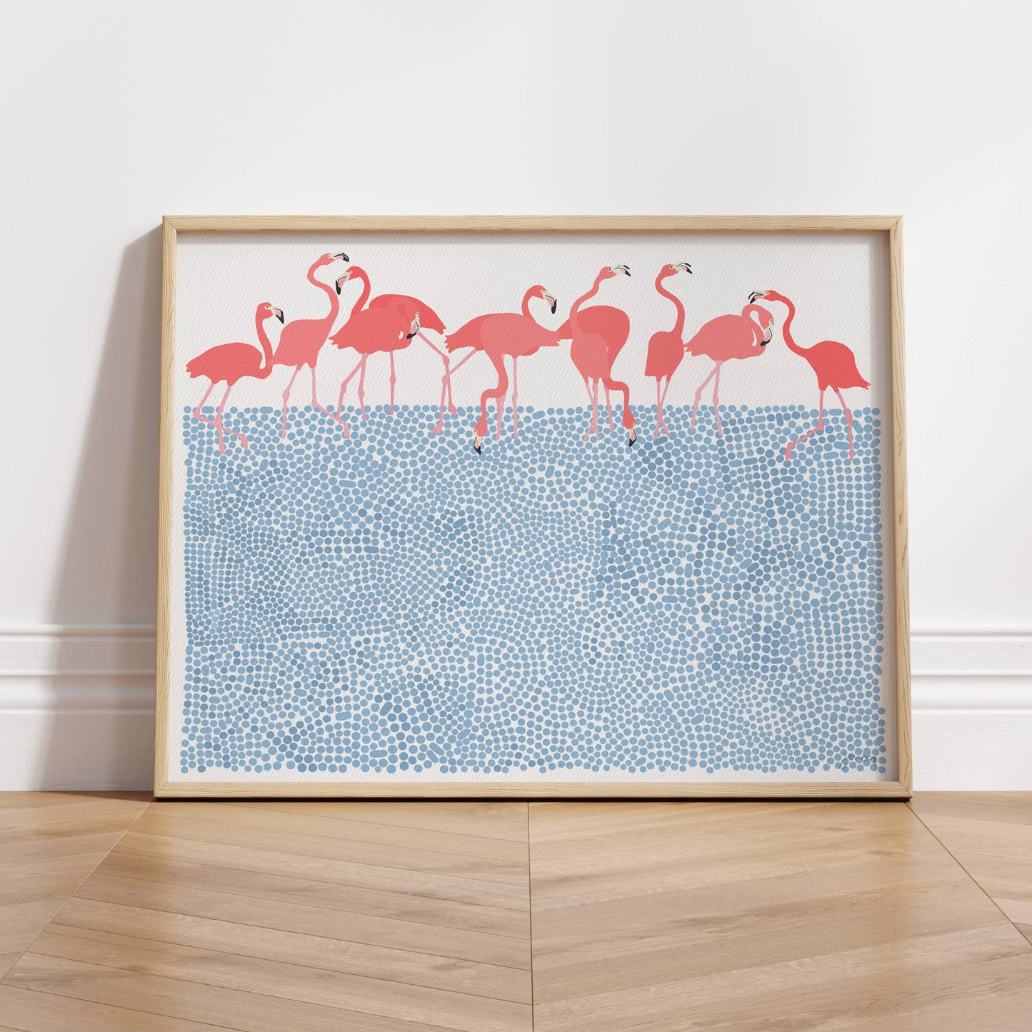 Flamingos Feeding Art Print. Signed.