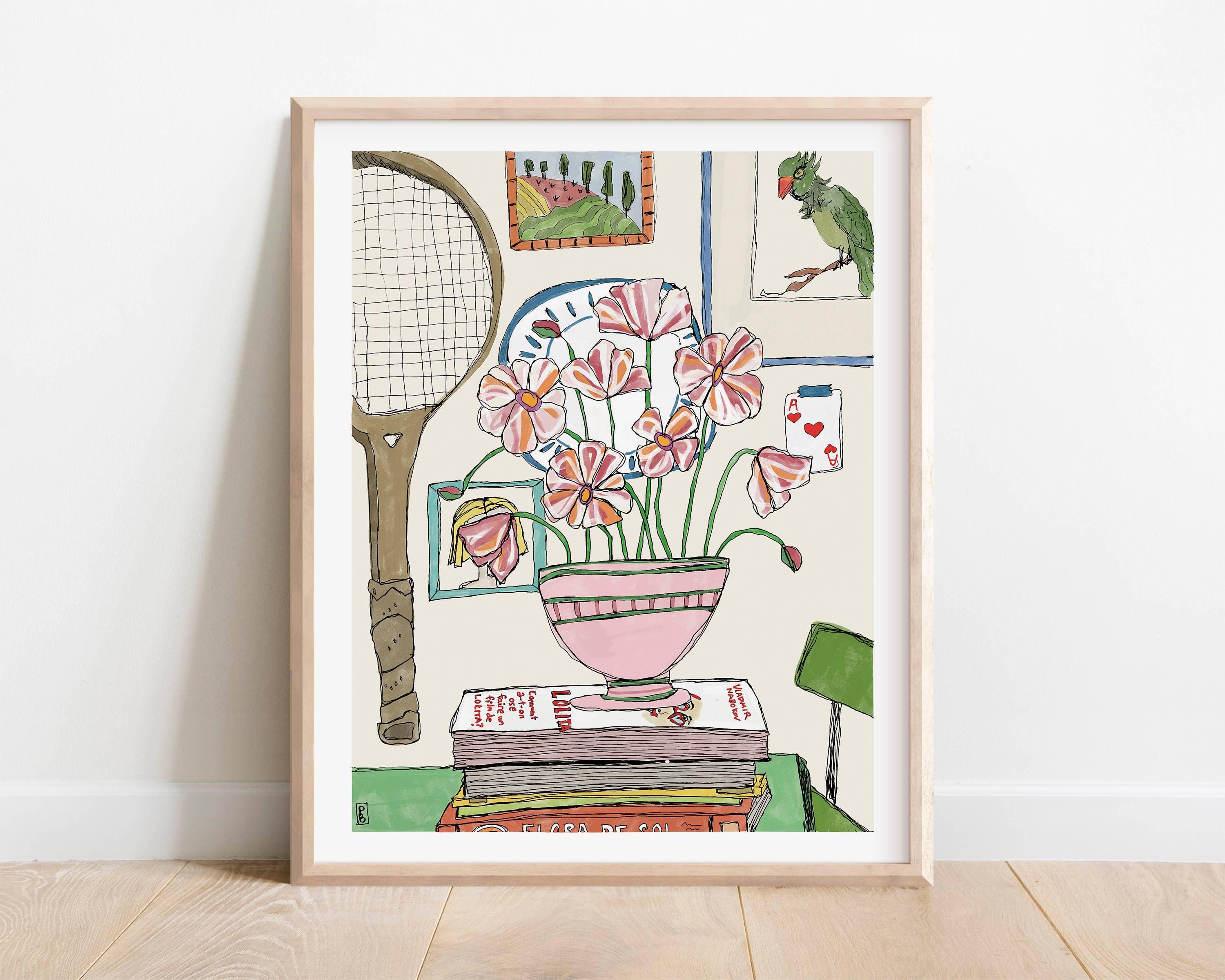 Pink Floral Still Life, Tennis Racket Botanical