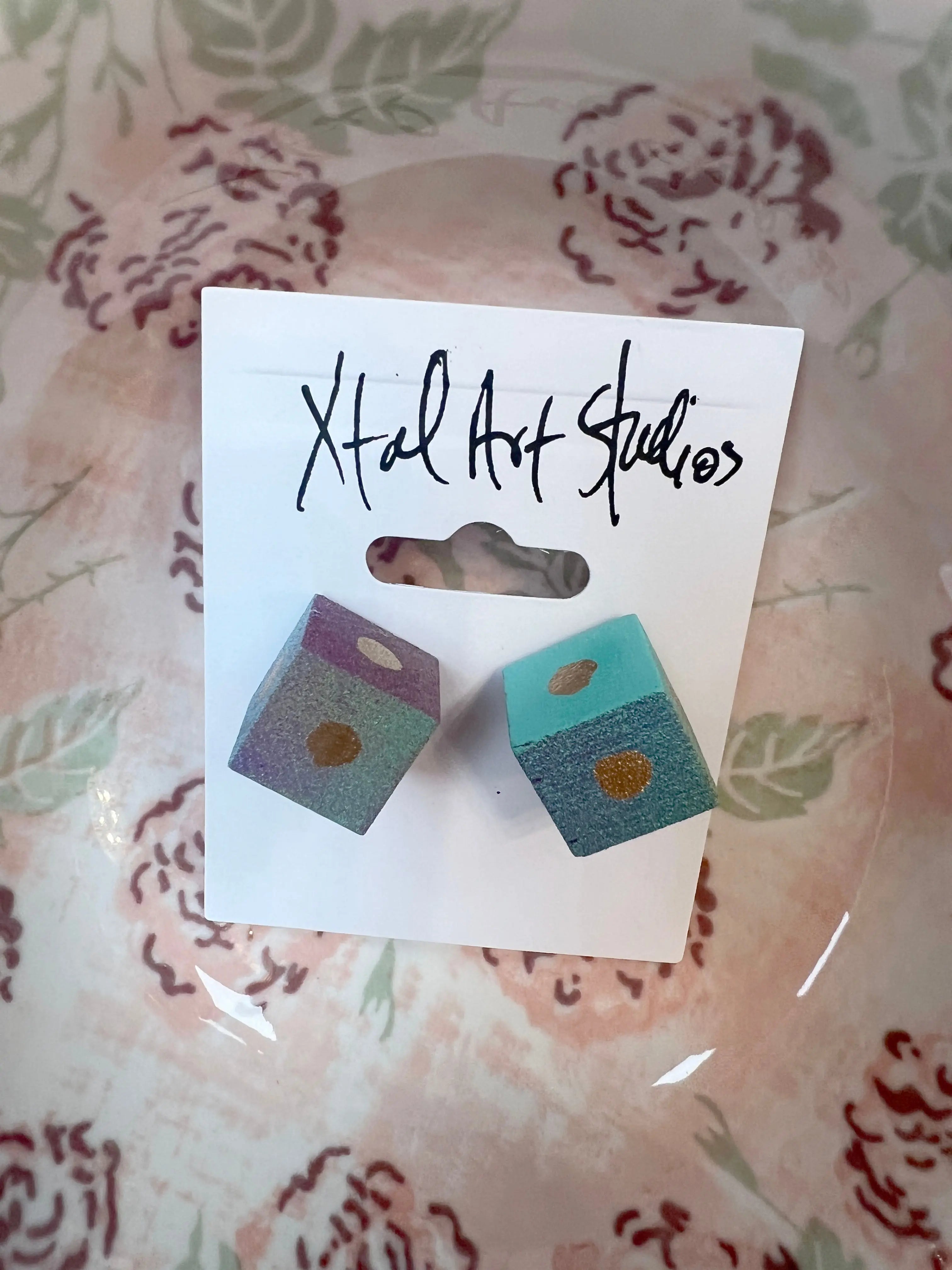 Xtal Earrings Square Teal XTal Art