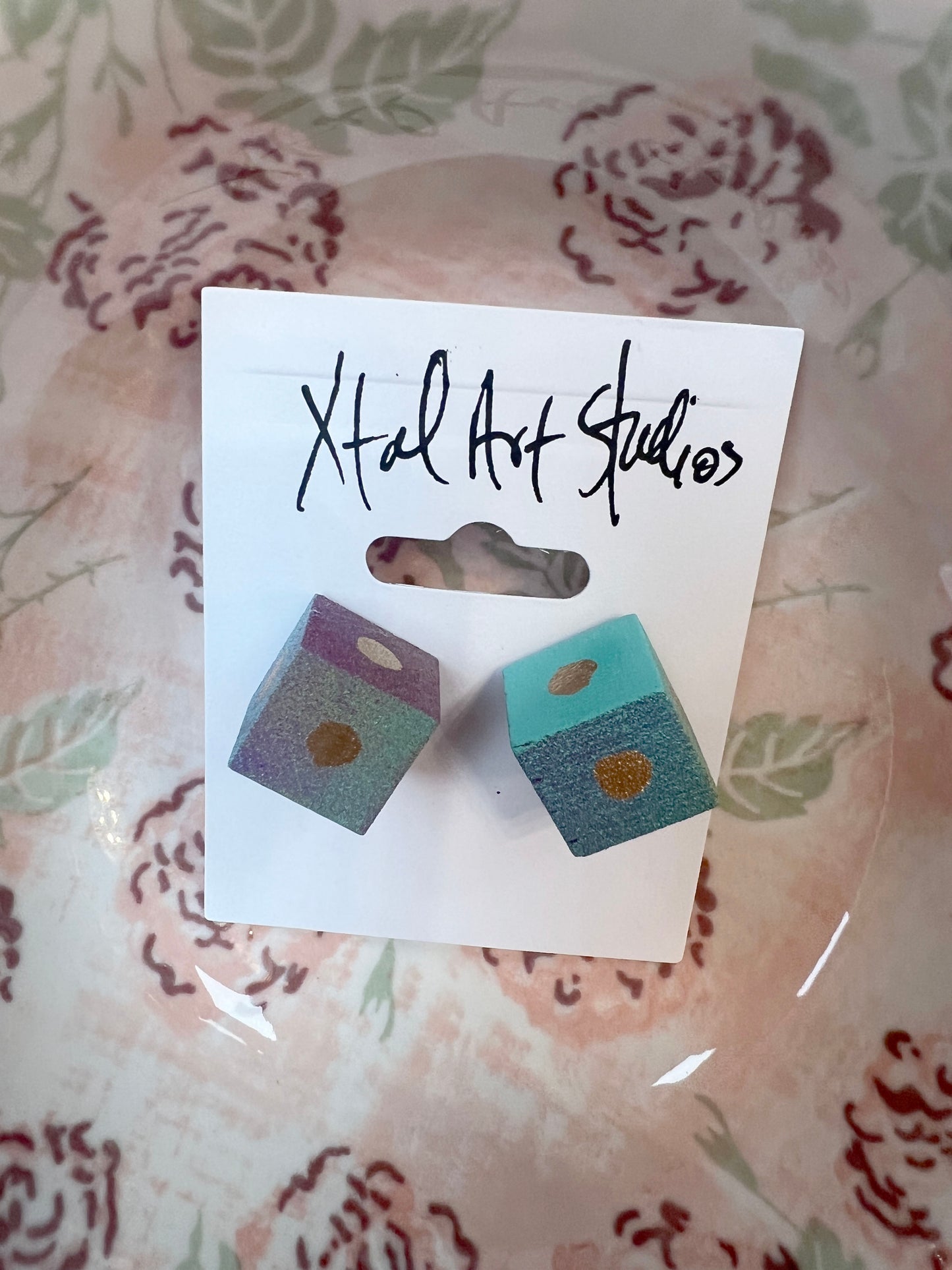 Xtal Earrings Square Teal Purple