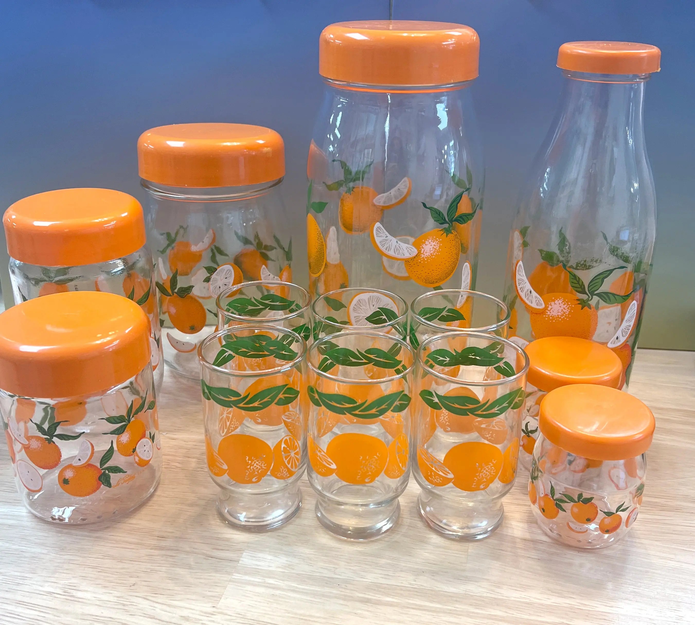 Rare! Full Set Vintage Anchor Hocking Oranges Glassware: Juice, Canisters and Carafe - Sea You Boutique