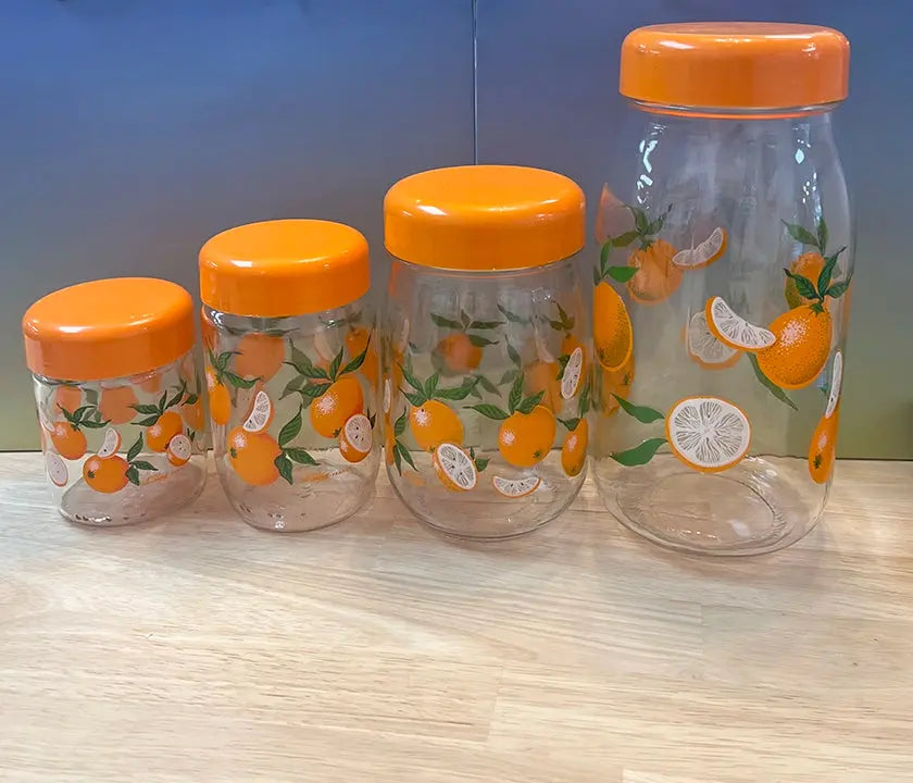 Rare! Full Set Vintage Anchor Hocking Oranges Glassware: Juice, Canisters and Carafe - Sea You Boutique