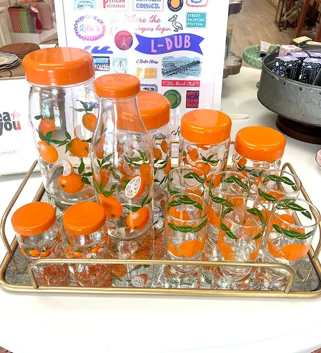 Rare! Full Set Vintage Anchor Hocking Oranges Glassware: Juice, Canisters and Carafe - Sea You Boutique