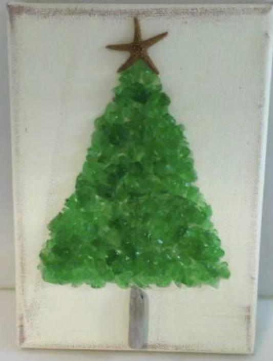 Christmas Tree on canvas green crushed glass 5x7
