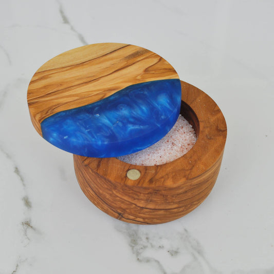 Olive Wood Salt Cellar With Blue Swirl Resin Lid Naturally Med Inc.