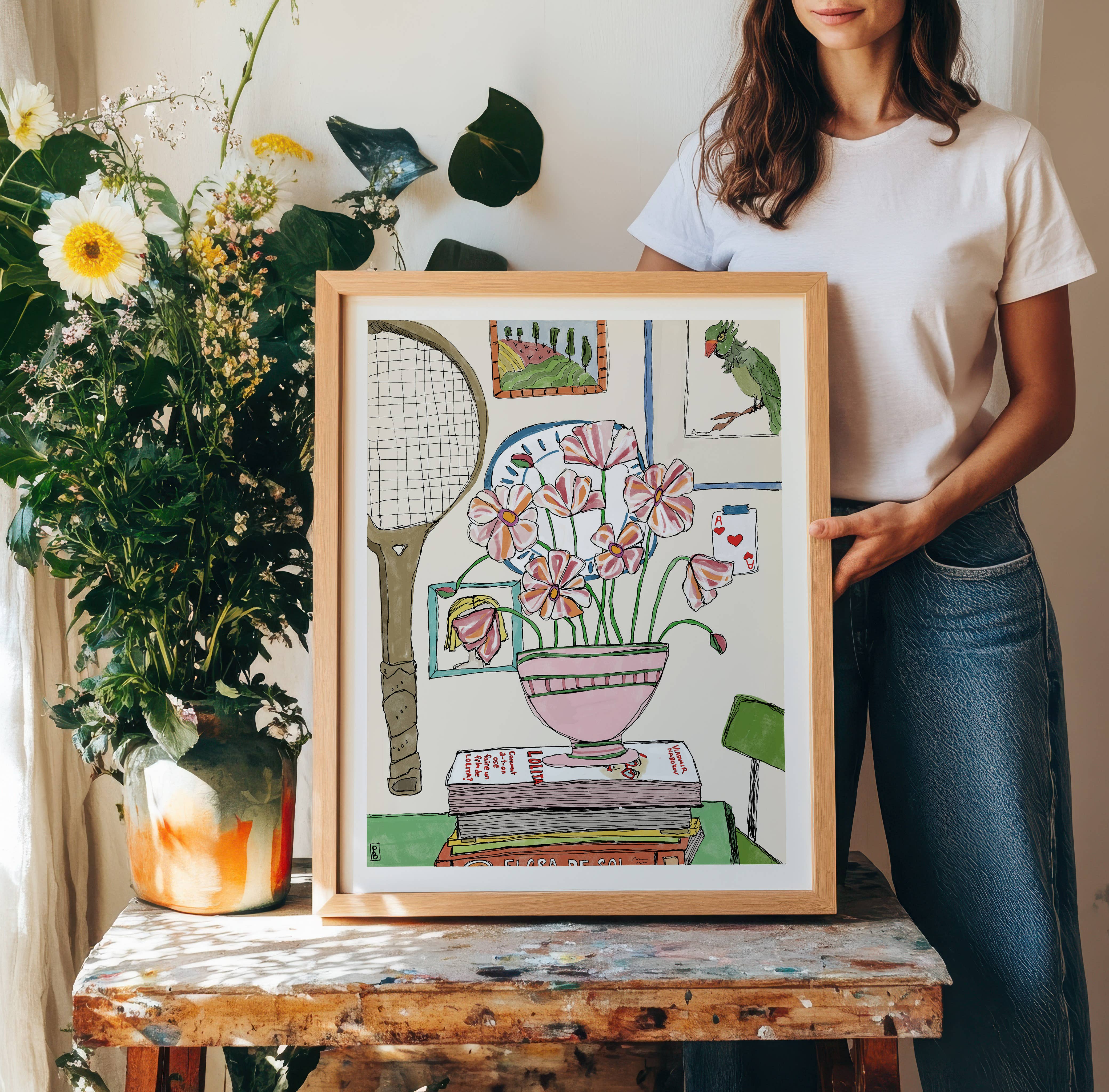 Pink Floral Still Life, Tennis Racket Botanical