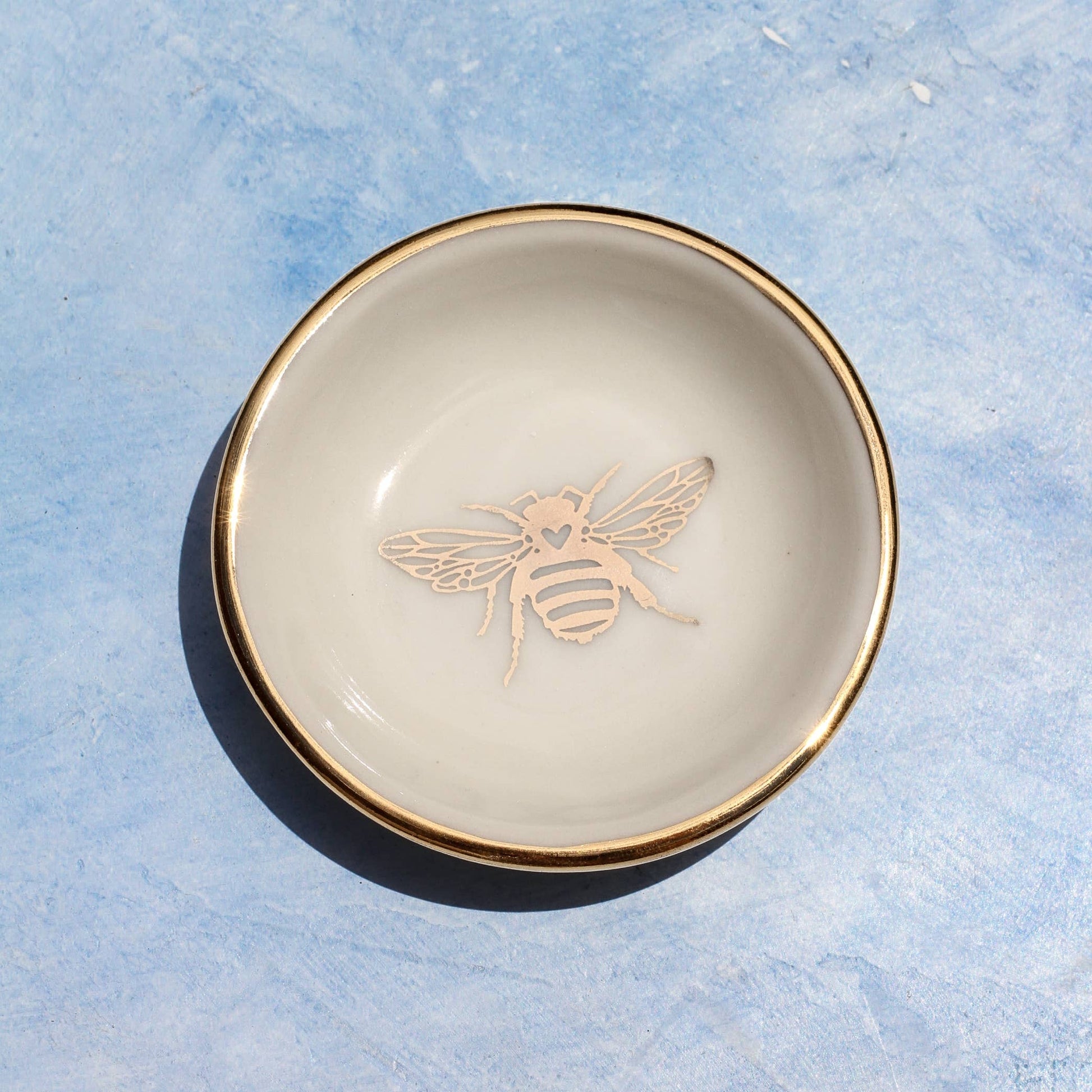 Gold Bee Ring Dish | Handmade Pottery Trinket Dish (white) Apricity Ceramics