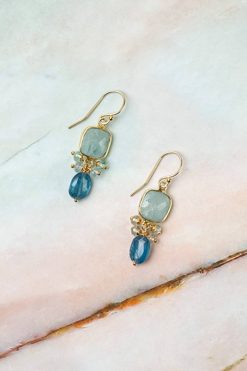 Ocean Waves Aquamarine, Kyanite, Fluorite Dangle Earrings