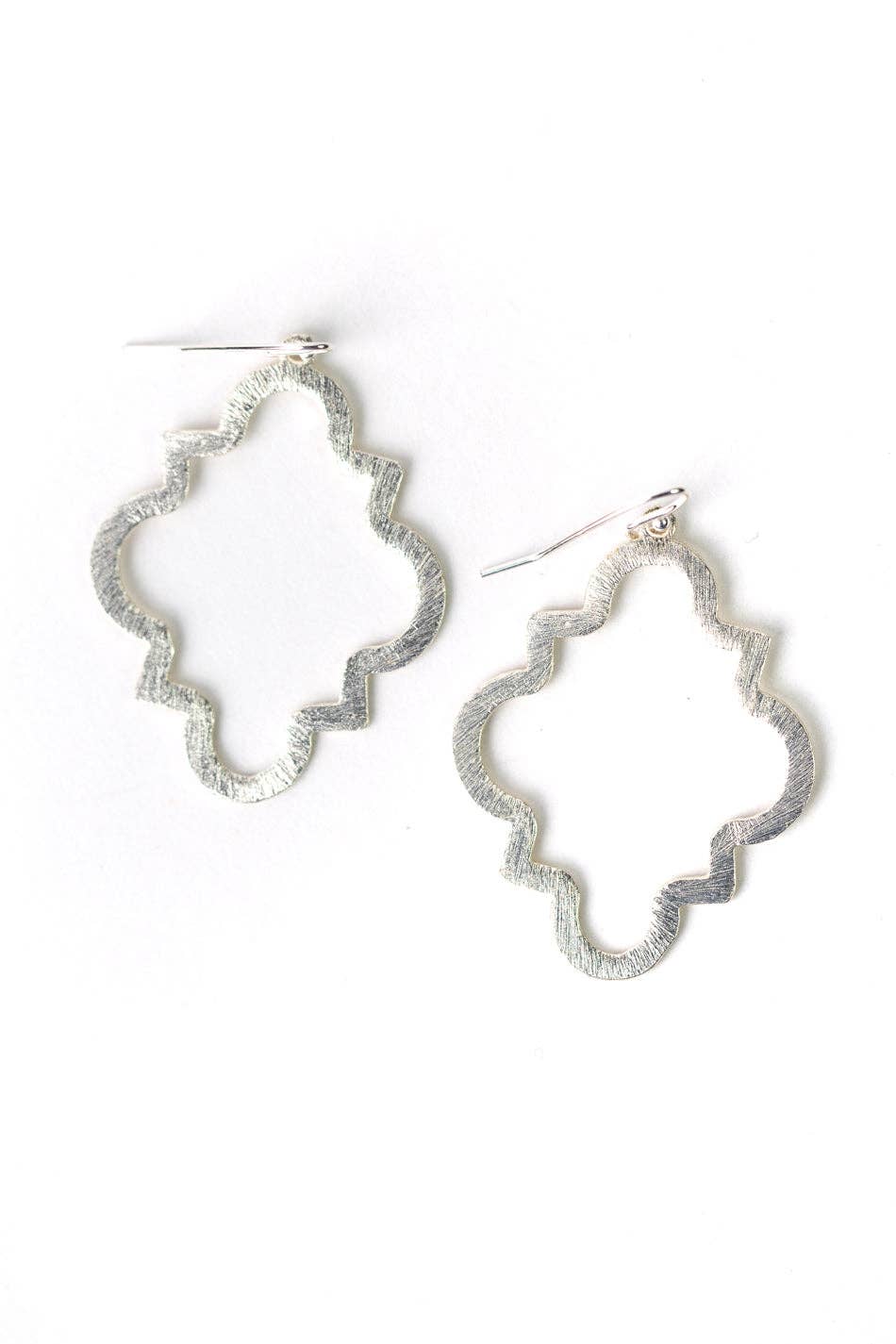 Brushed Silver Medium Pointed Quatrefoil Statement Earrings