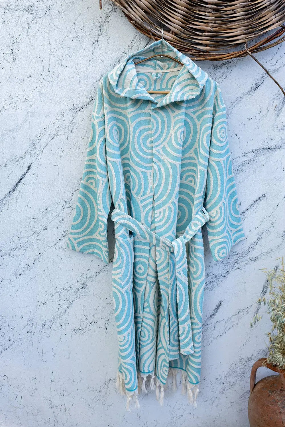 Circles Raised Terry Bathrobe Turkish Cotton Hood Kikoya