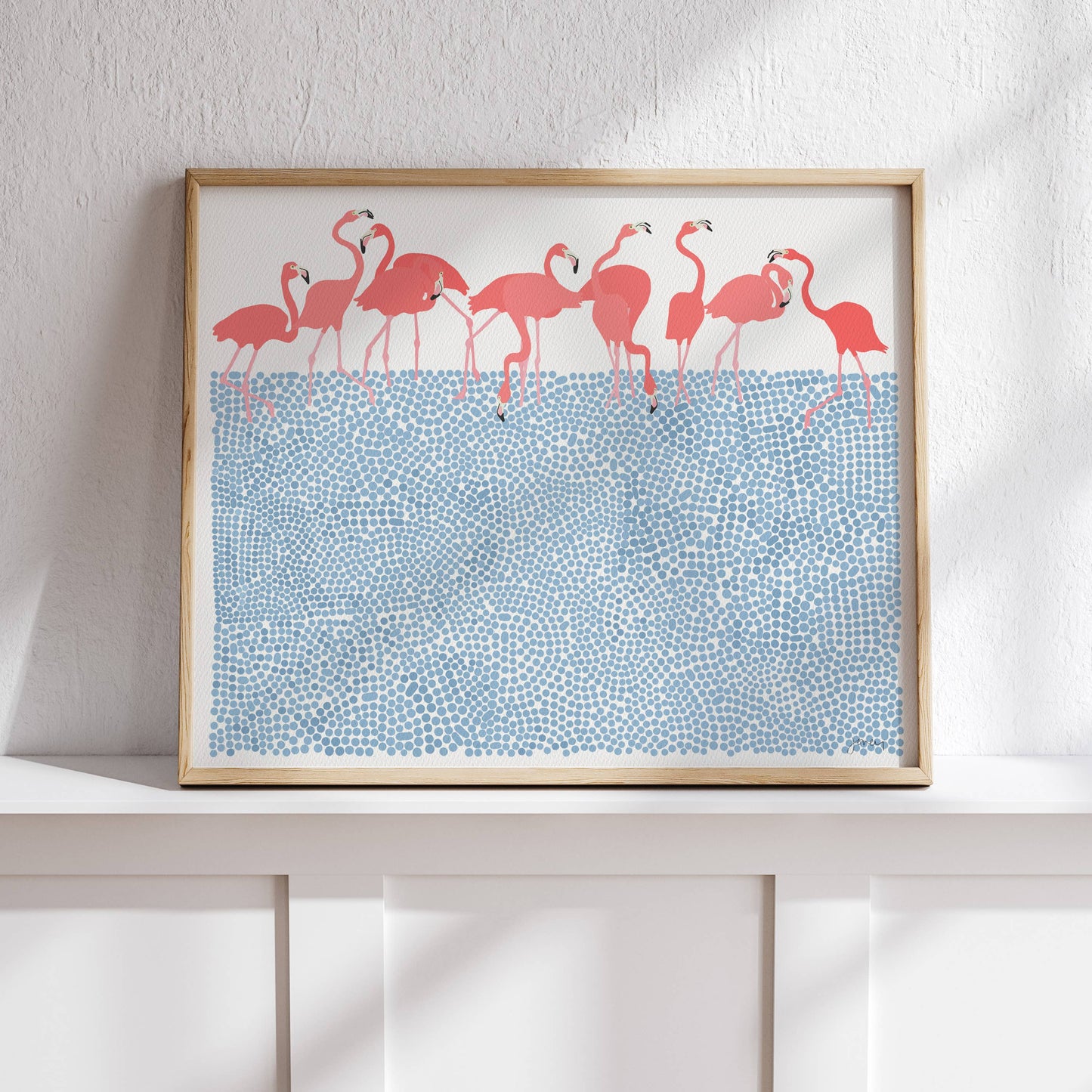 Flamingos Feeding Art Print. Signed.