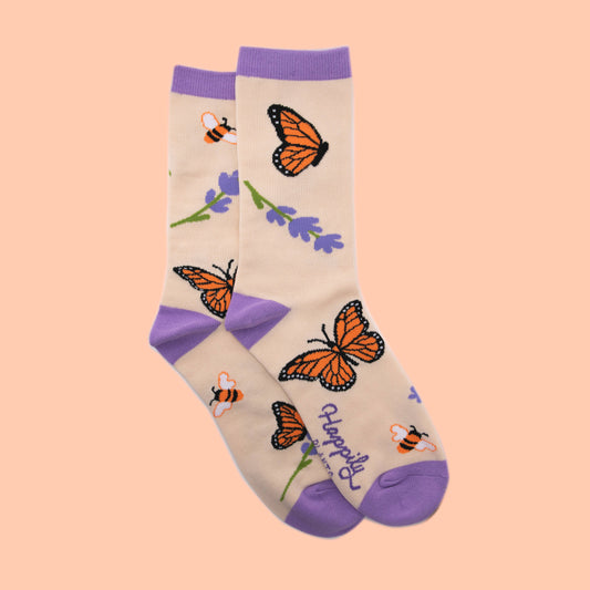 Monarch Butterfly & Honey Bees Socks - Cotton Blend Happily Plants