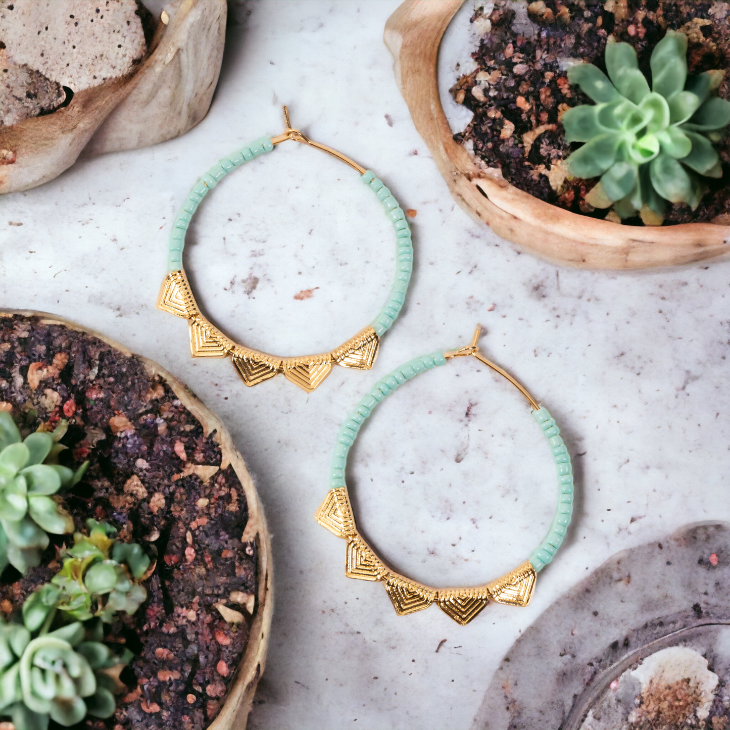 Earrings Aqua & Gold Bead Filigree Hoop