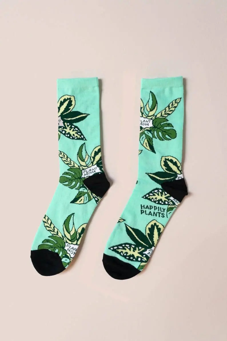 Teal Plant Mom Cotton Crew Socks, Plant Lover Happily Plants