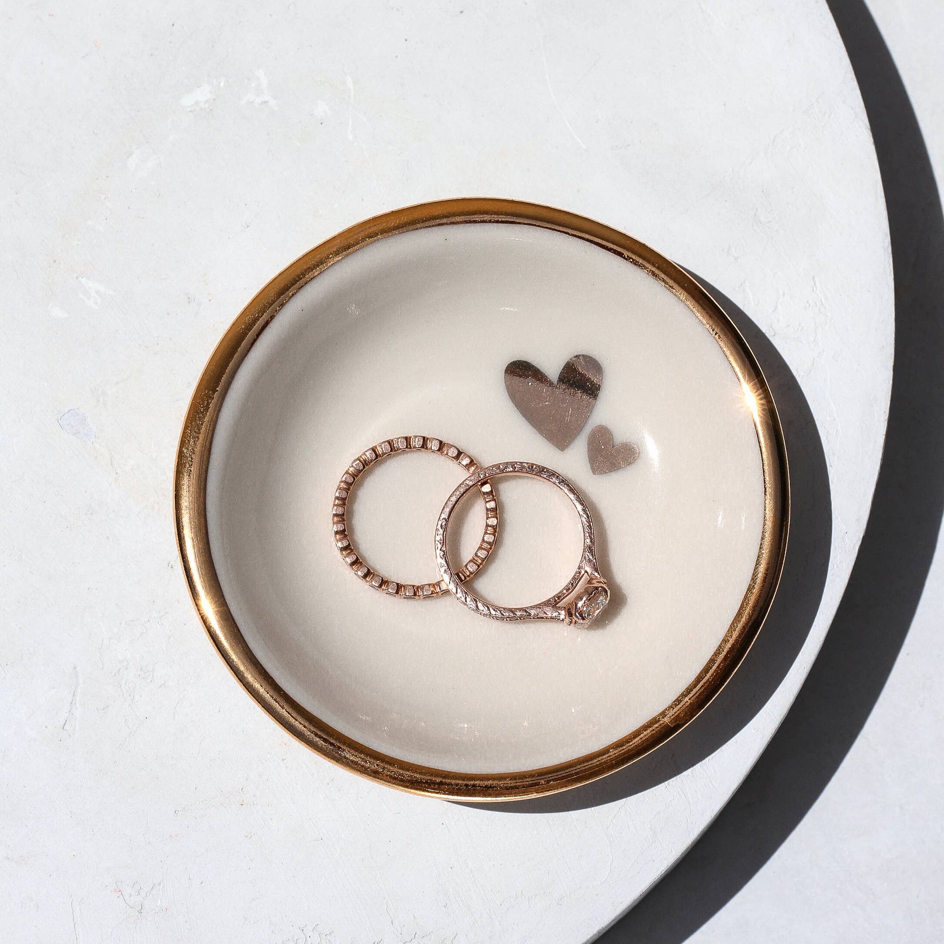 Double Heart Ring Dish | Handmade pottery with Gold Apricity Ceramics