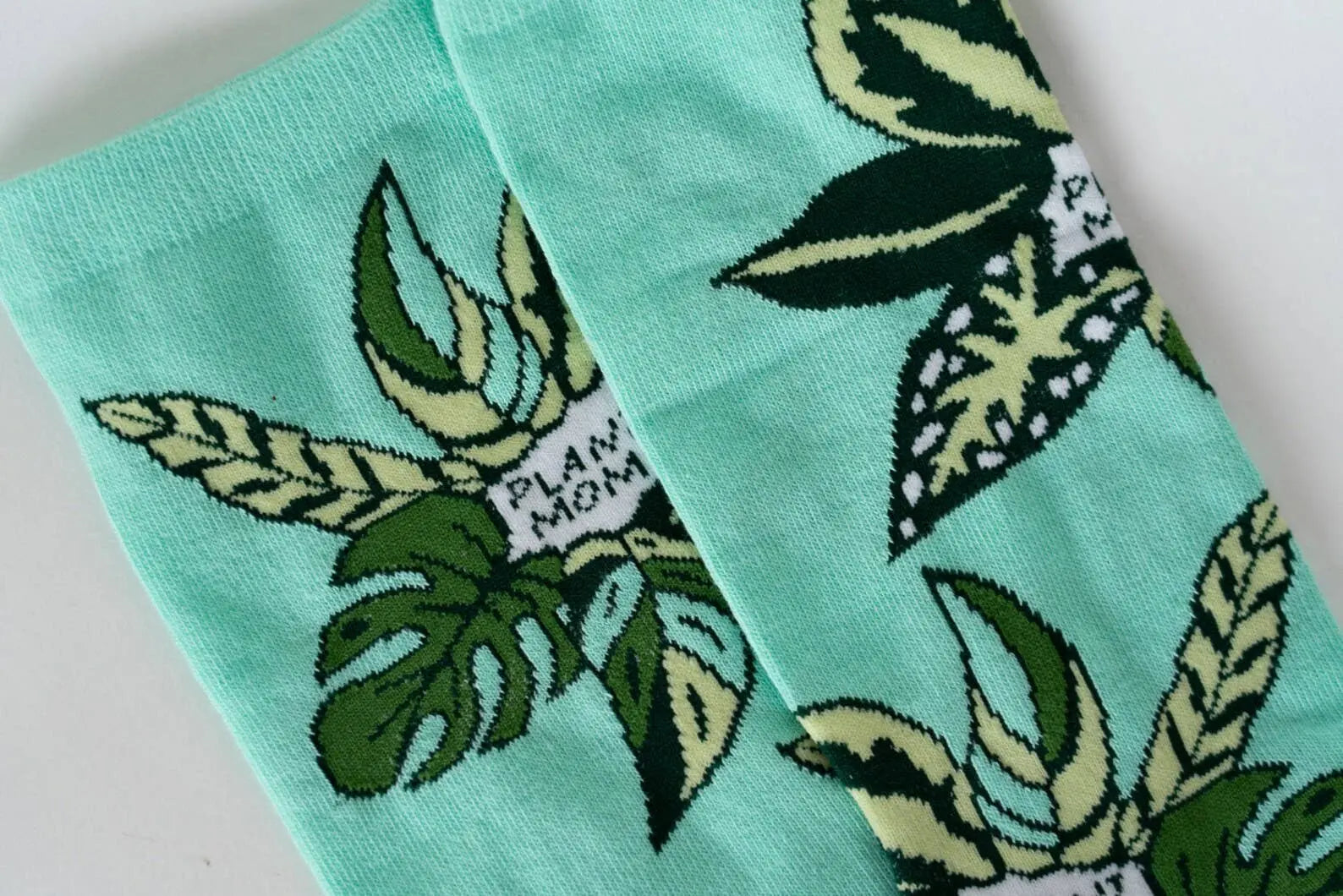 Teal Plant Mom Cotton Crew Socks, Plant Lover Happily Plants